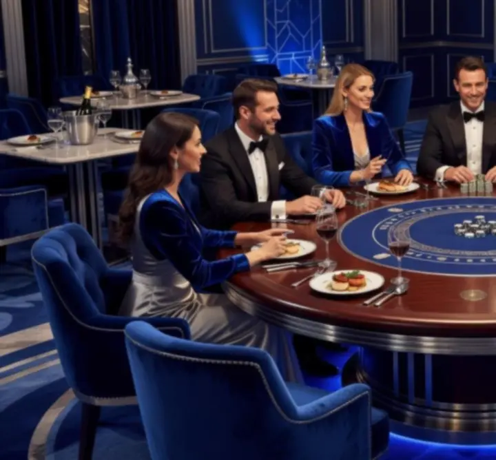 Atmosfera lounge z podświetleniami w odcieniach royal blue i akcentami pokerowymi