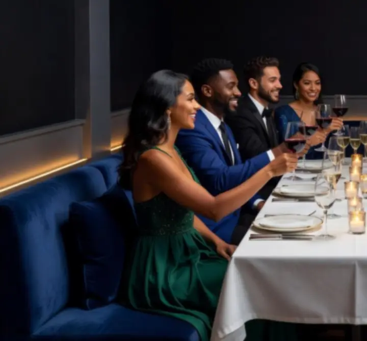 Grupa gości świętujących przy eleganckim stole w Polska Social Lounge
