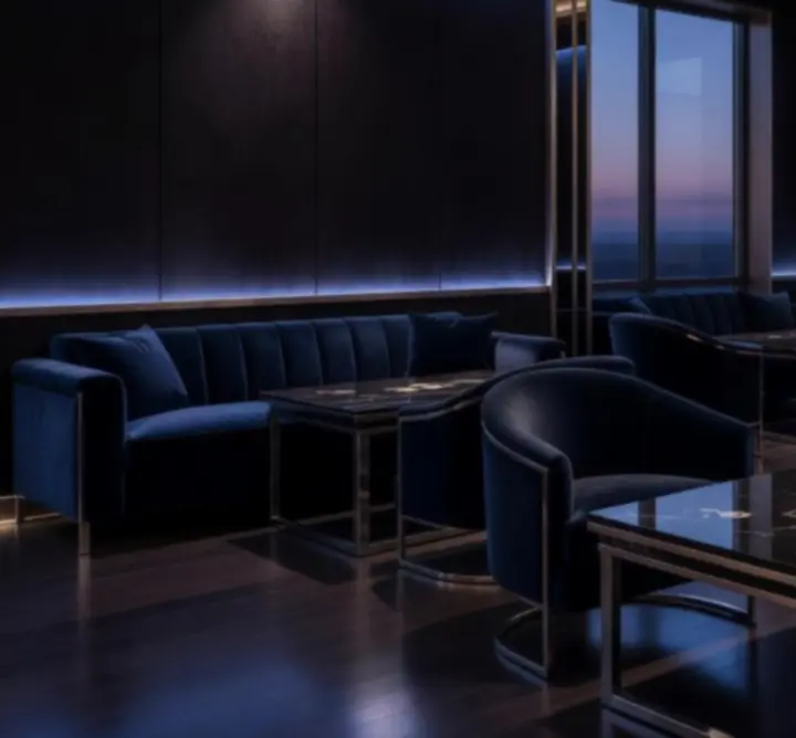 Wnętrze lounge z nastrojowym oświetleniem i eleganckim wystrojem