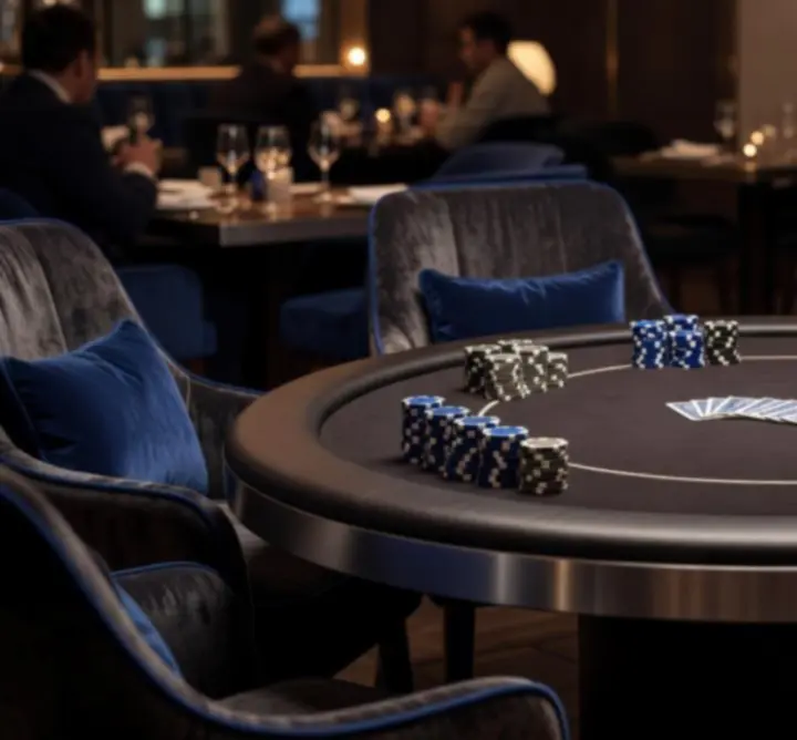 Rezerwacja miejsc przy eleganckim stole pokerowym w lounge